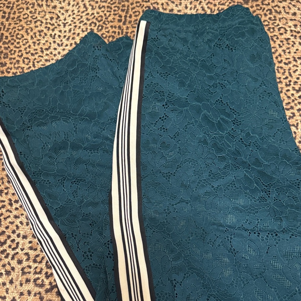 Maeve Teal Lace Track Pants with Striped Detail